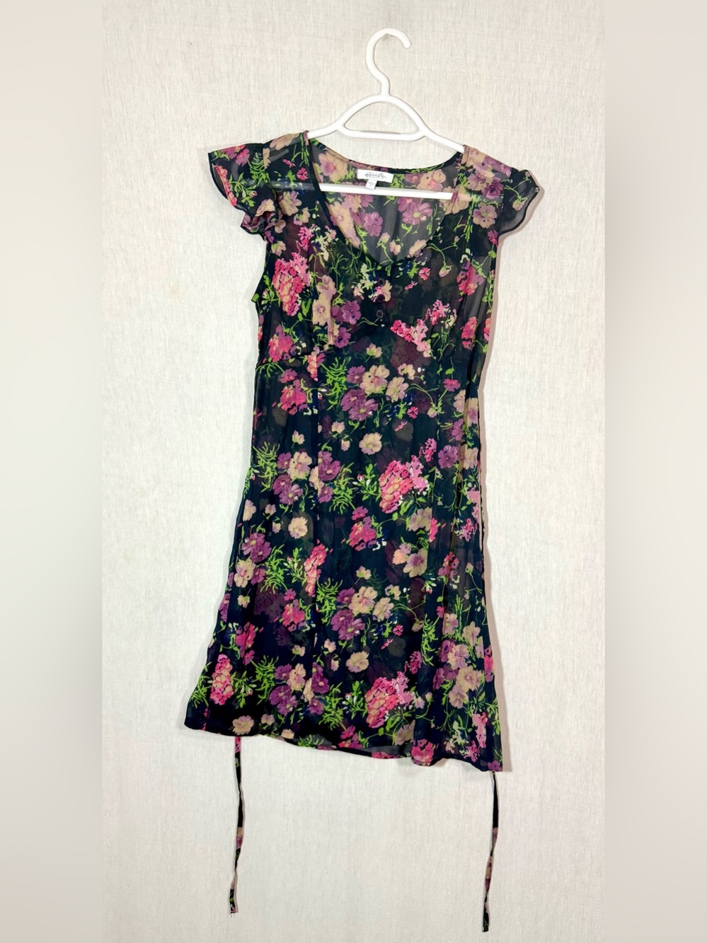 Delia’s XS Y2K Sheer Navy Floral Ruffle Sleeve Dress
